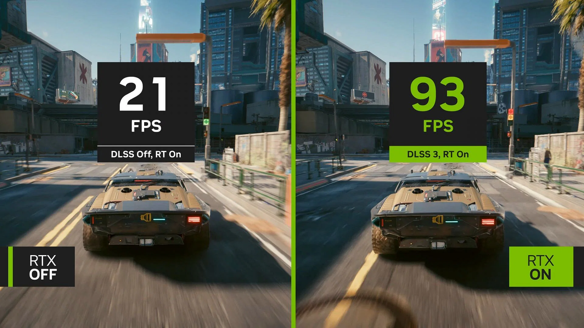 Comparison of DLSS 3 turned on and off on Cyberpunk 2077