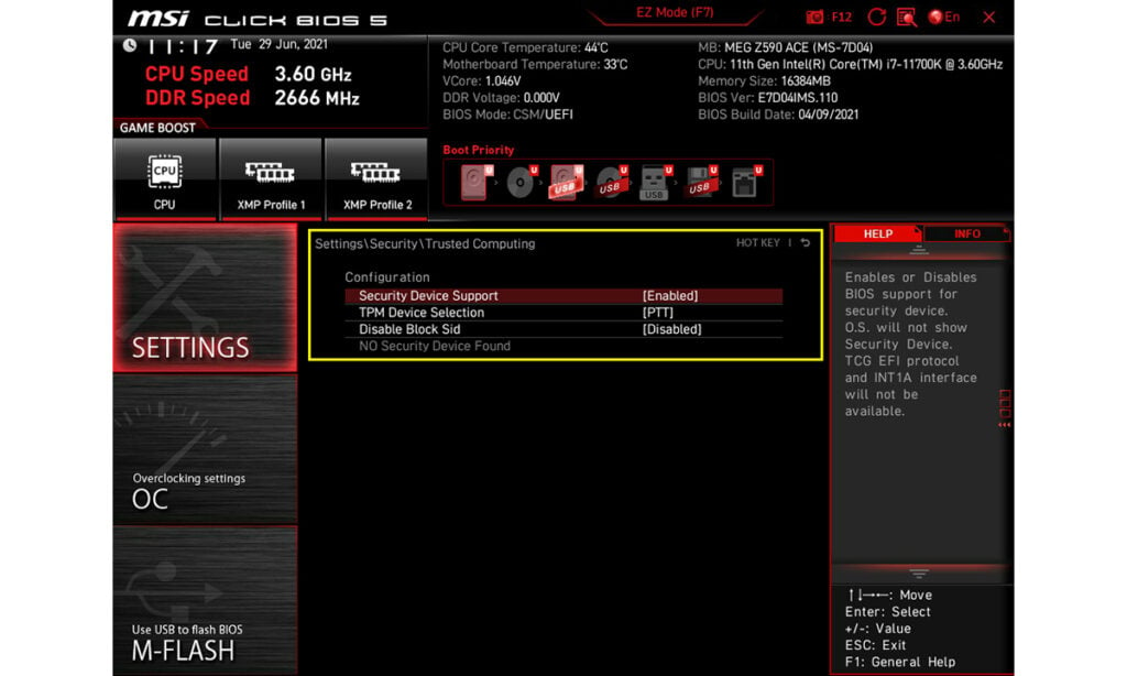 MSI TPM Settings