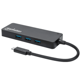 USB-C Male to Three USB-A Females and SD/MicroSD Card Reader, 5 Gbps Transfer Speeds, Bus Powered, Black