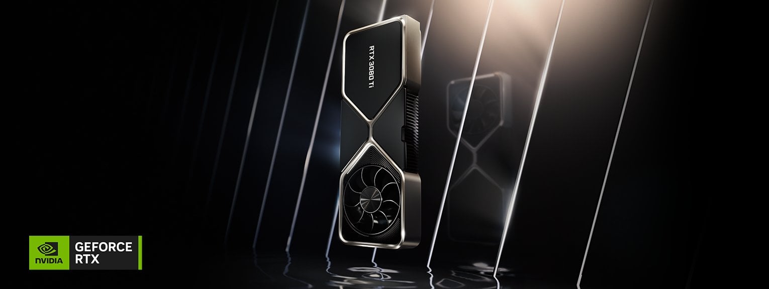 A promotional shot of the RTX 3080 Ti Graphics card with the GeForce RTX logo overlaid on the image.