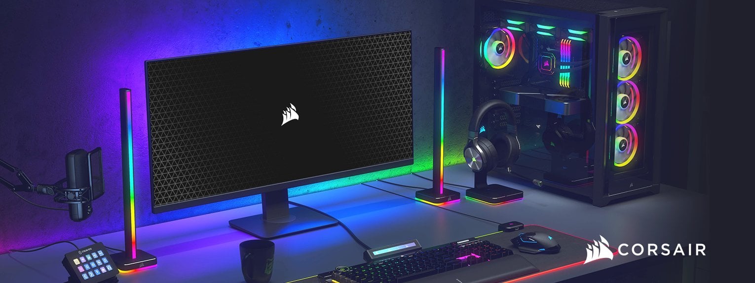 Corsair Gaming Setup with built-in RBG lighting powered to the iCUE software and Elgat streaming peripherals 