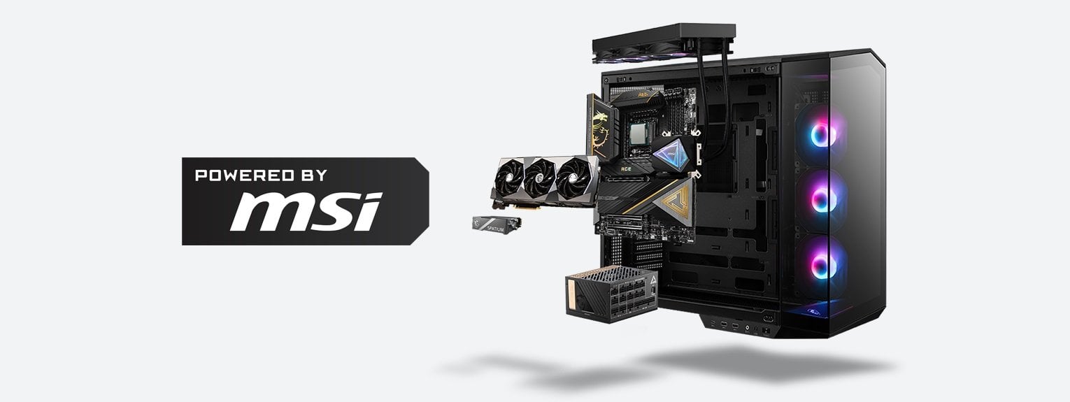 A powered by MSI PC showing all the different MSI components you can get in you system. 